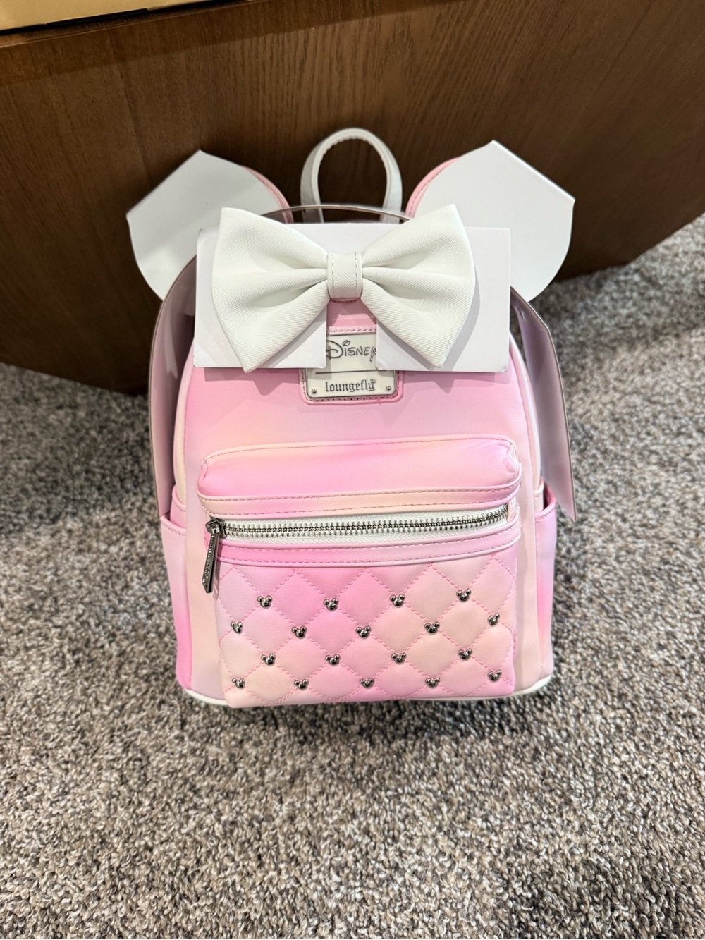 Loungefly Pink Ombre Quilted Minnie Ear Mini Backpack with White Bow